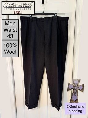 Joseph & Feiss Men's 100% Wool Pleated Dress Pants, W43 L29.5, Dark Grey